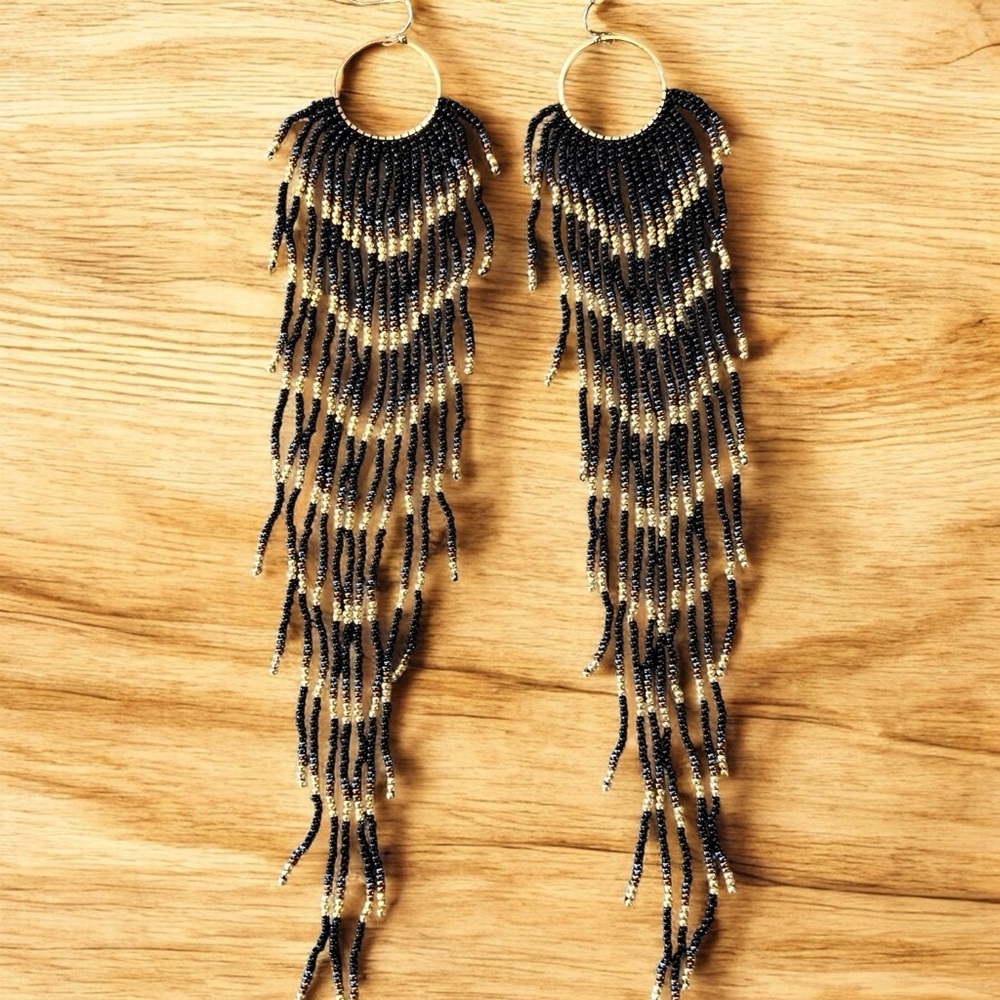 Black and Gold Glass Beaded Chandelier Earrings with Cascading Feather Design